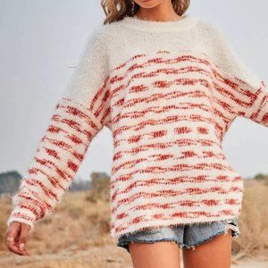 Fuzzy Red & White Stripes Crewneck Sweater